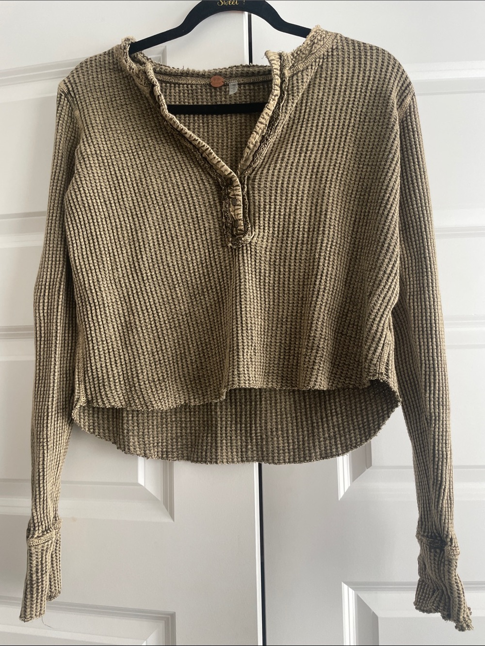 Waffle Knit Long Sleeve Henley Top - Tan